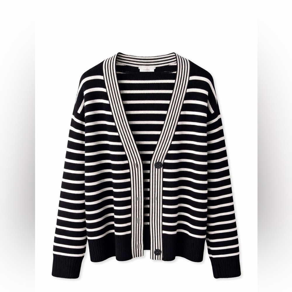Bagatelle Striped Cardigan Black White Coastal Grandpa‎ Chic Knit- Large
